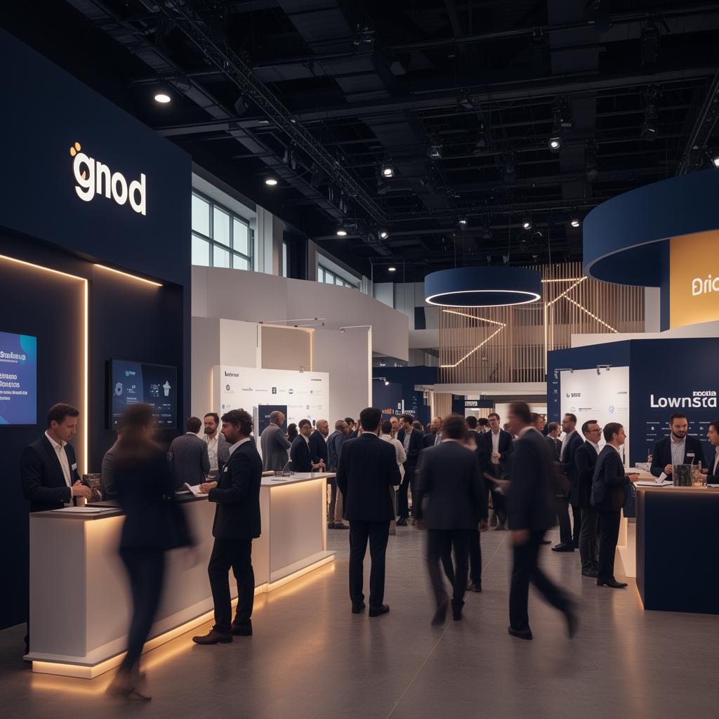 Modern exhibition hall with delegates networking